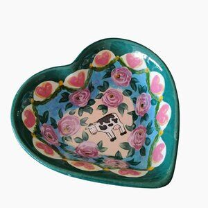 Lesal Ceramics Heart Shaped Bowl Hand Crafted, Cow & Floral Design 8" Green Pink